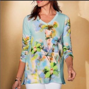 Soft Surroundings Women's S Top V-Neck Knit Tunic Long Sleeve Blue Floral
